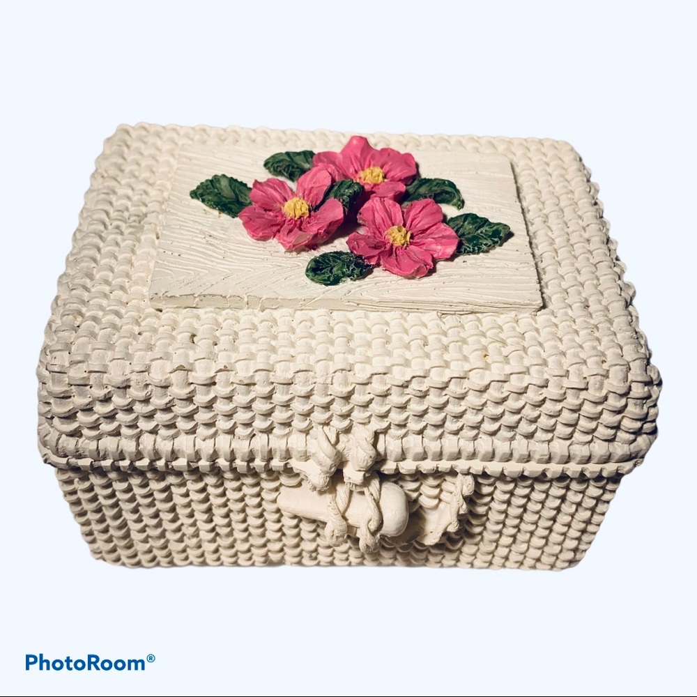 Aged Basket Weave With Rose Design Trinket Box